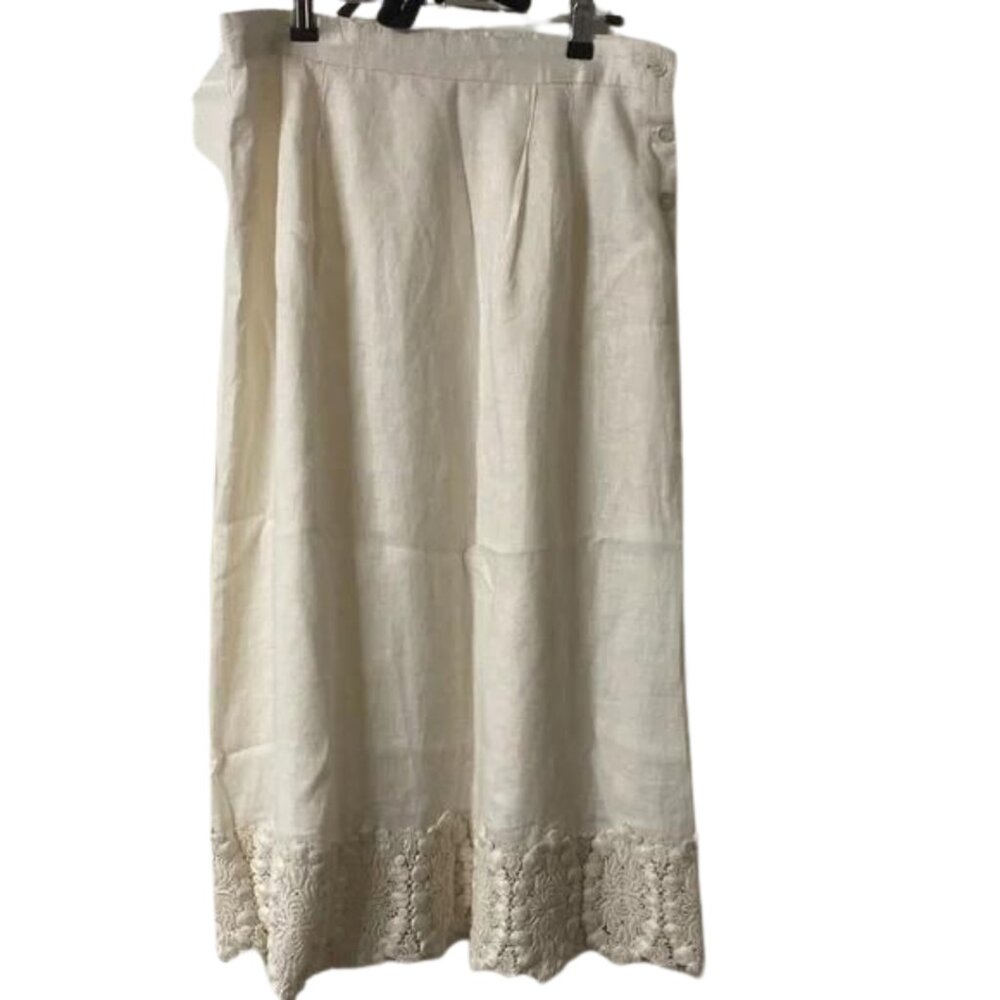 Vintage 100% Linen Skirt With Lace Detailed Trim And Button Side Closure Size 12